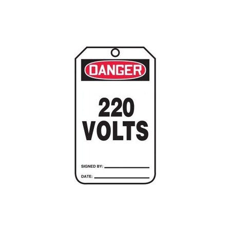 Accuform Safety Tags, DANGER 220 VOLTS, 5.75in x 3.25in, RP-Plastic, 5PK MDT193PTM